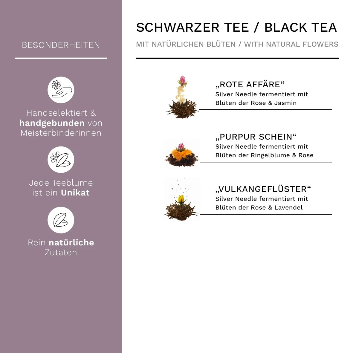 7tlg. Set: Holz-Teekiste + 6 Teeblumen "ErblühTee Schwarzer Tee" – Bild 2