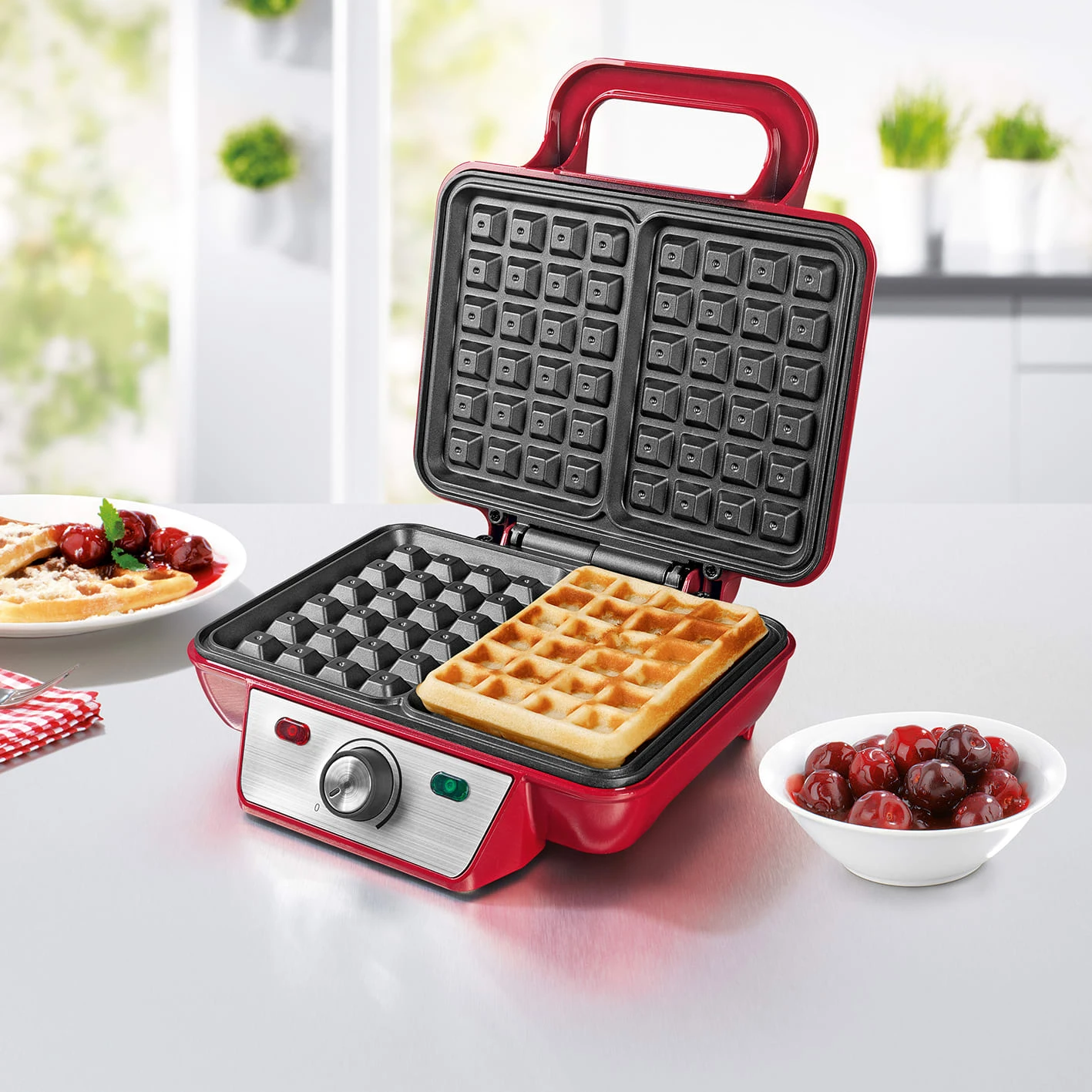 Waffeleisen Belgische Waffeln Edelstahl Rot Cool-Touch-Griff 1000W – Bild 3