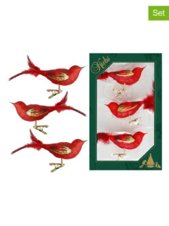 Christbaumornamente "Glasvögel" In Rot/ Gold - 3 Stück