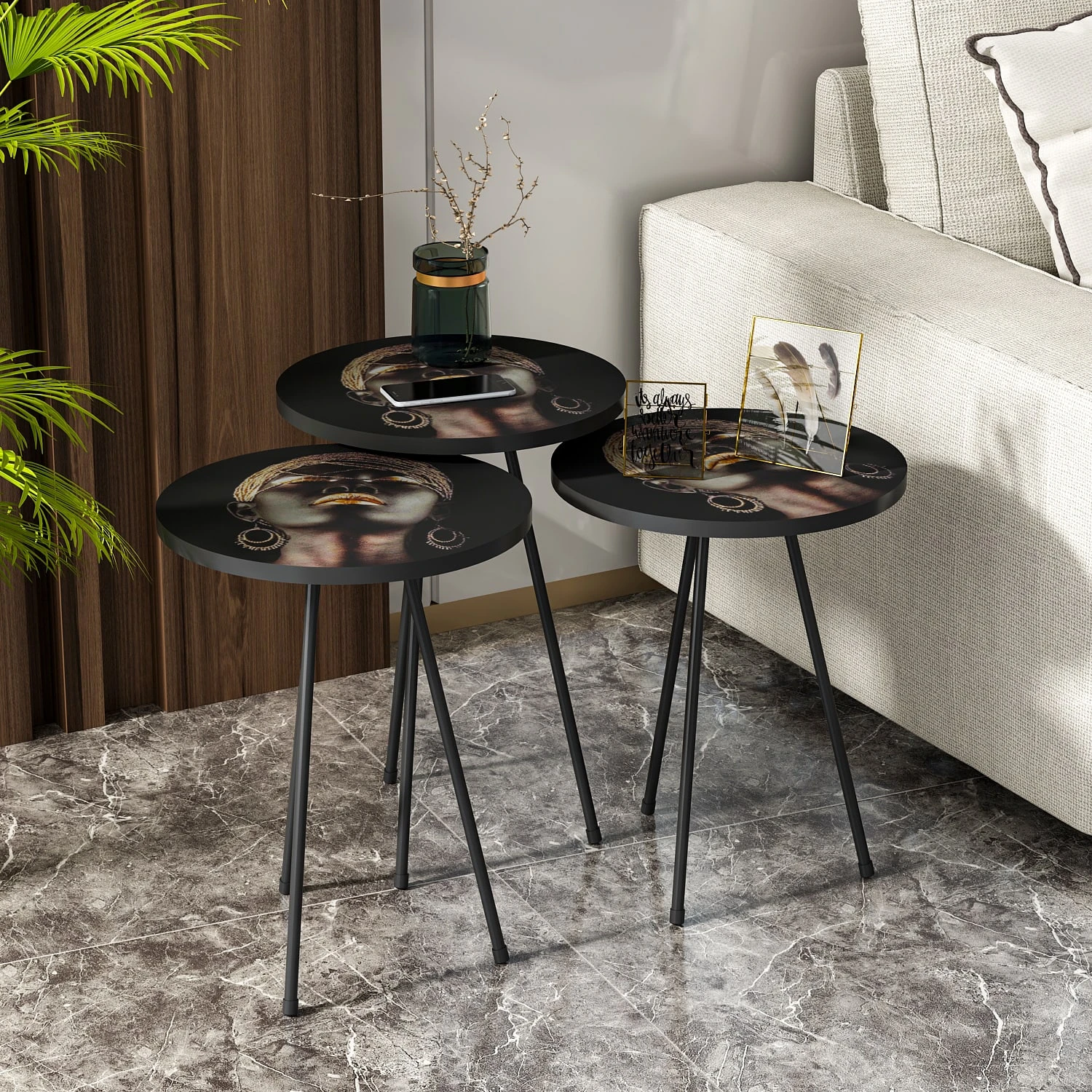 Beistelltisch 3er Set Schwarz Metallfüße Dame Rund 10878430 – Bild 2