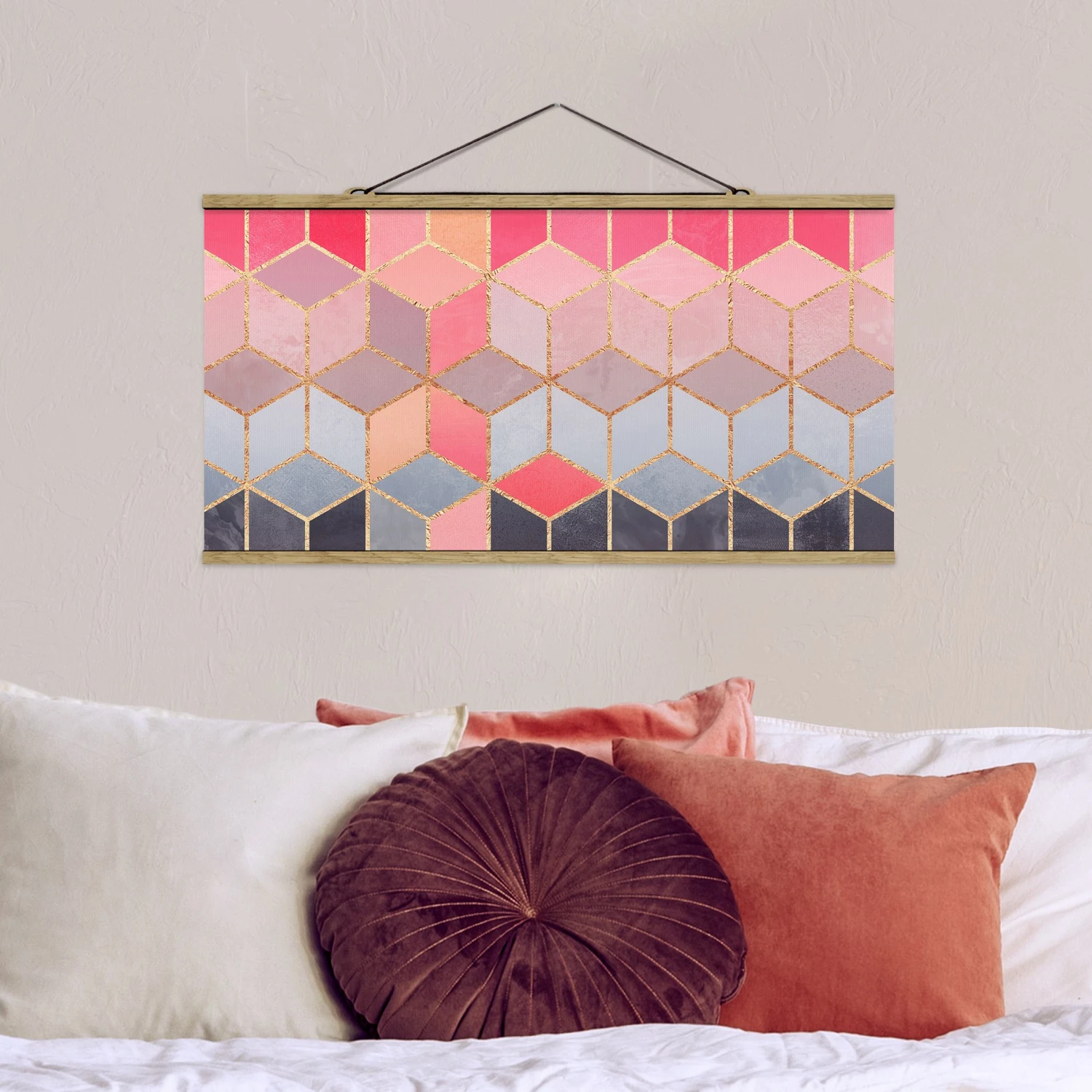 Stoffbild - E. Fredriksson - Buntes Pastell Goldene Geometrie In Rosa – Bild 2