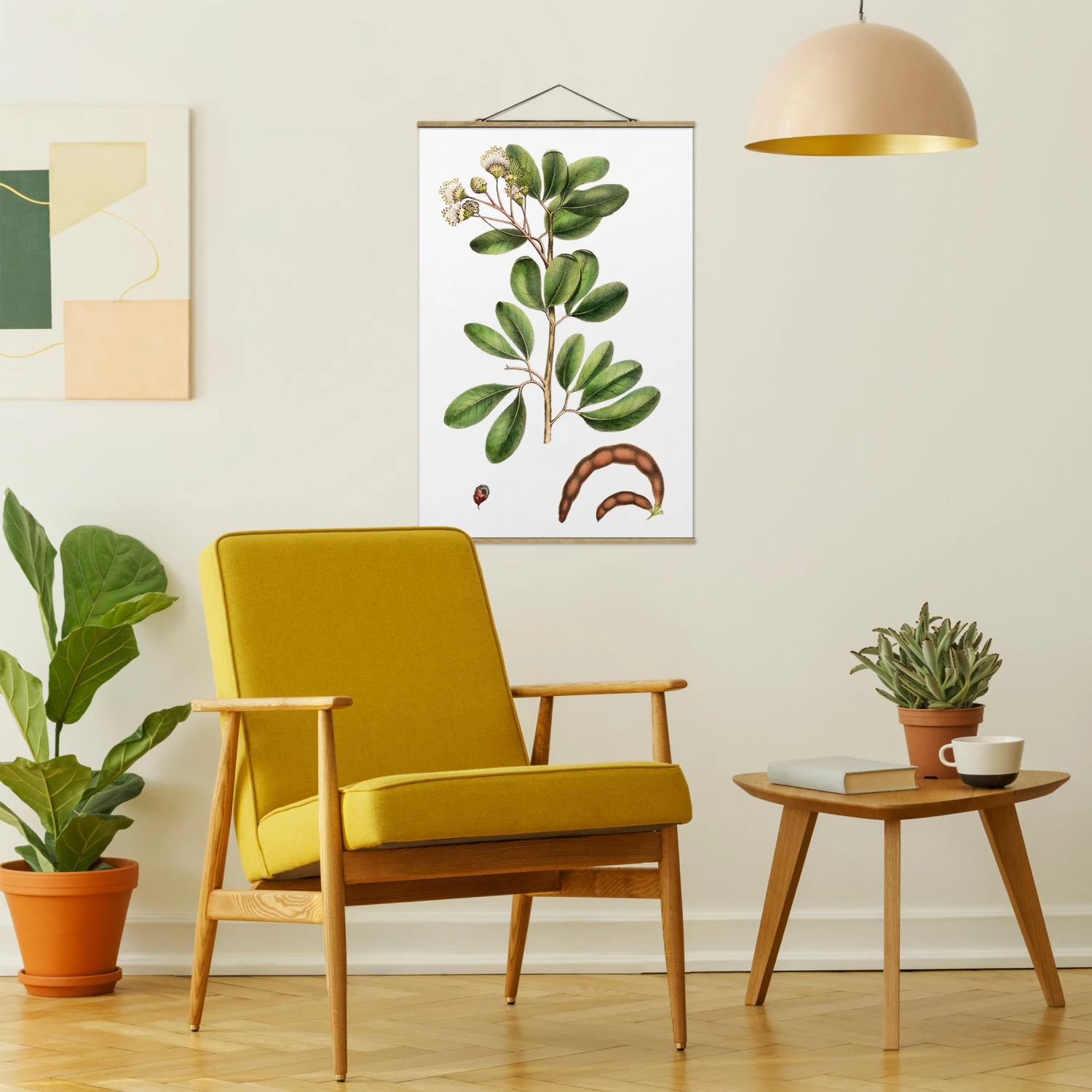 Stoffbild Mit Posterleisten - Laubwerk Mit Blüten III In Weiß – Bild 3