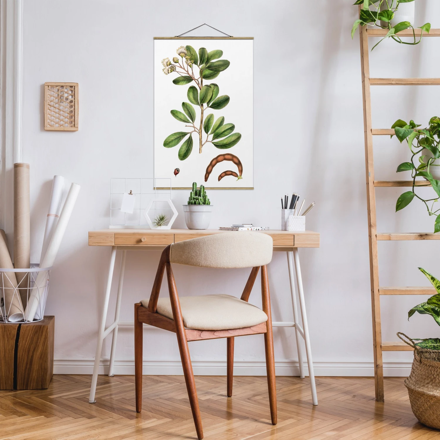 Stoffbild Mit Posterleisten - Laubwerk Mit Blüten III In Weiß – Bild 4