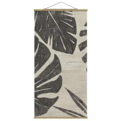 Stoffbild Mit Posterleisten - Palmenblätter Vor Hellgrau In Grau