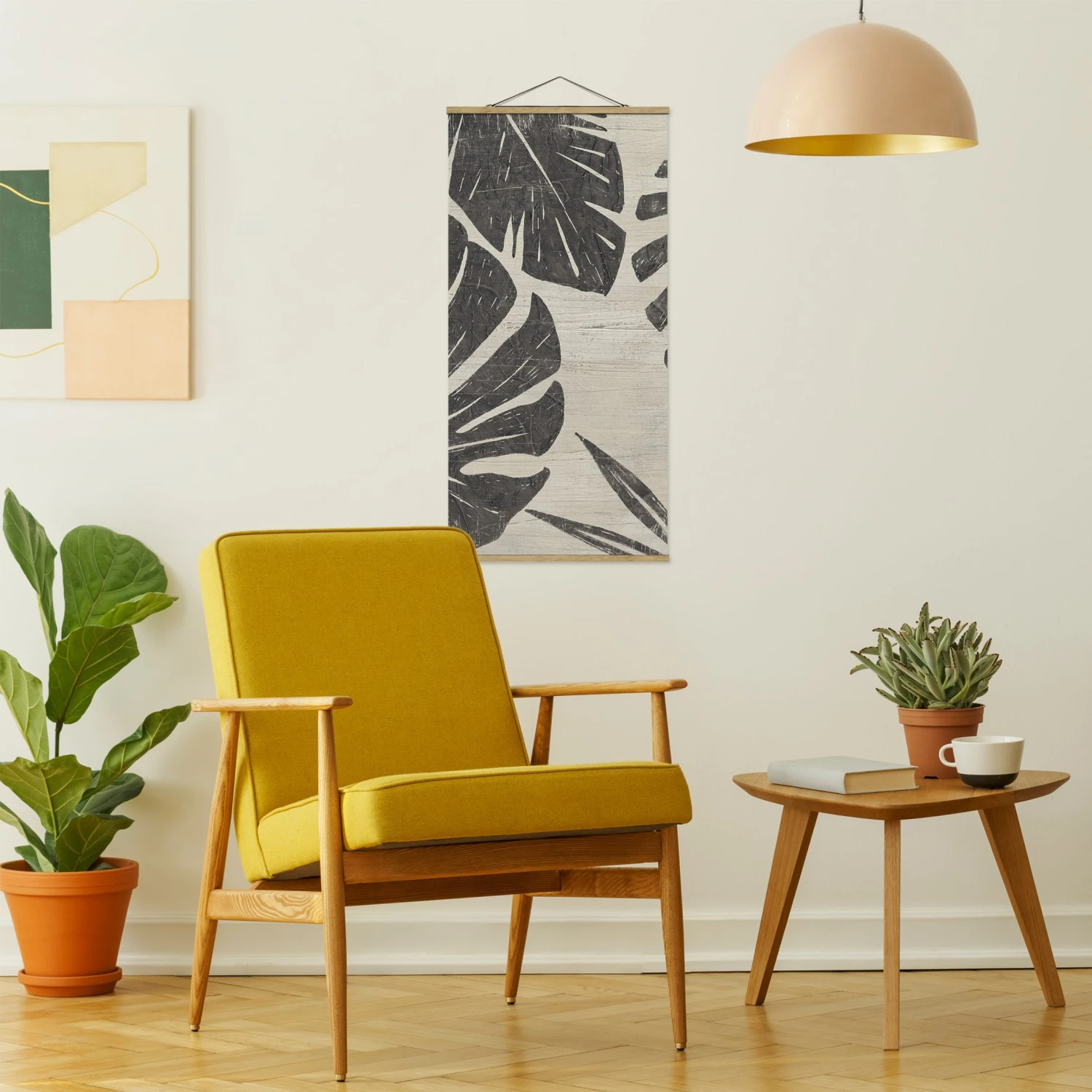 Stoffbild Mit Posterleisten - Palmenblätter Vor Hellgrau In Grau – Bild 4