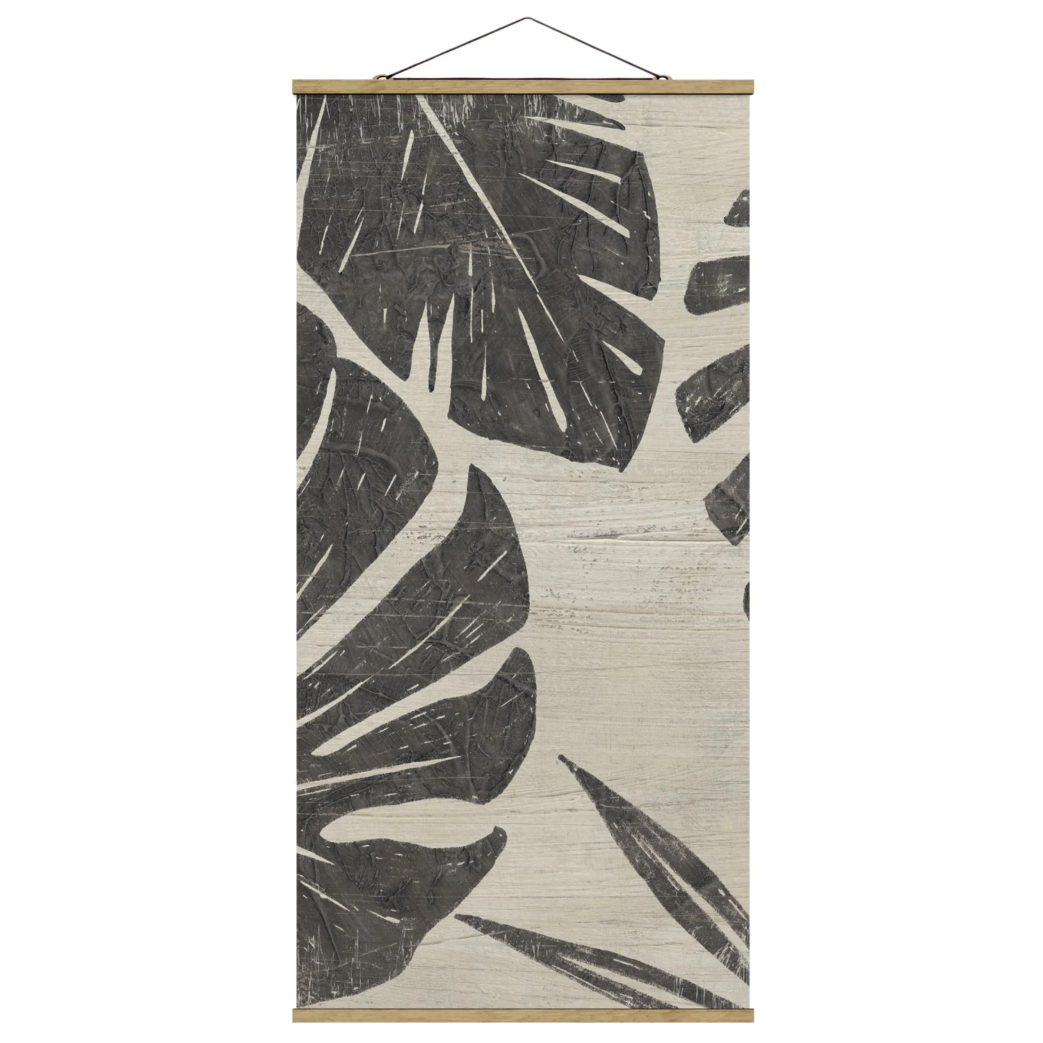 Stoffbild Mit Posterleisten - Palmenblätter Vor Hellgrau In Grau